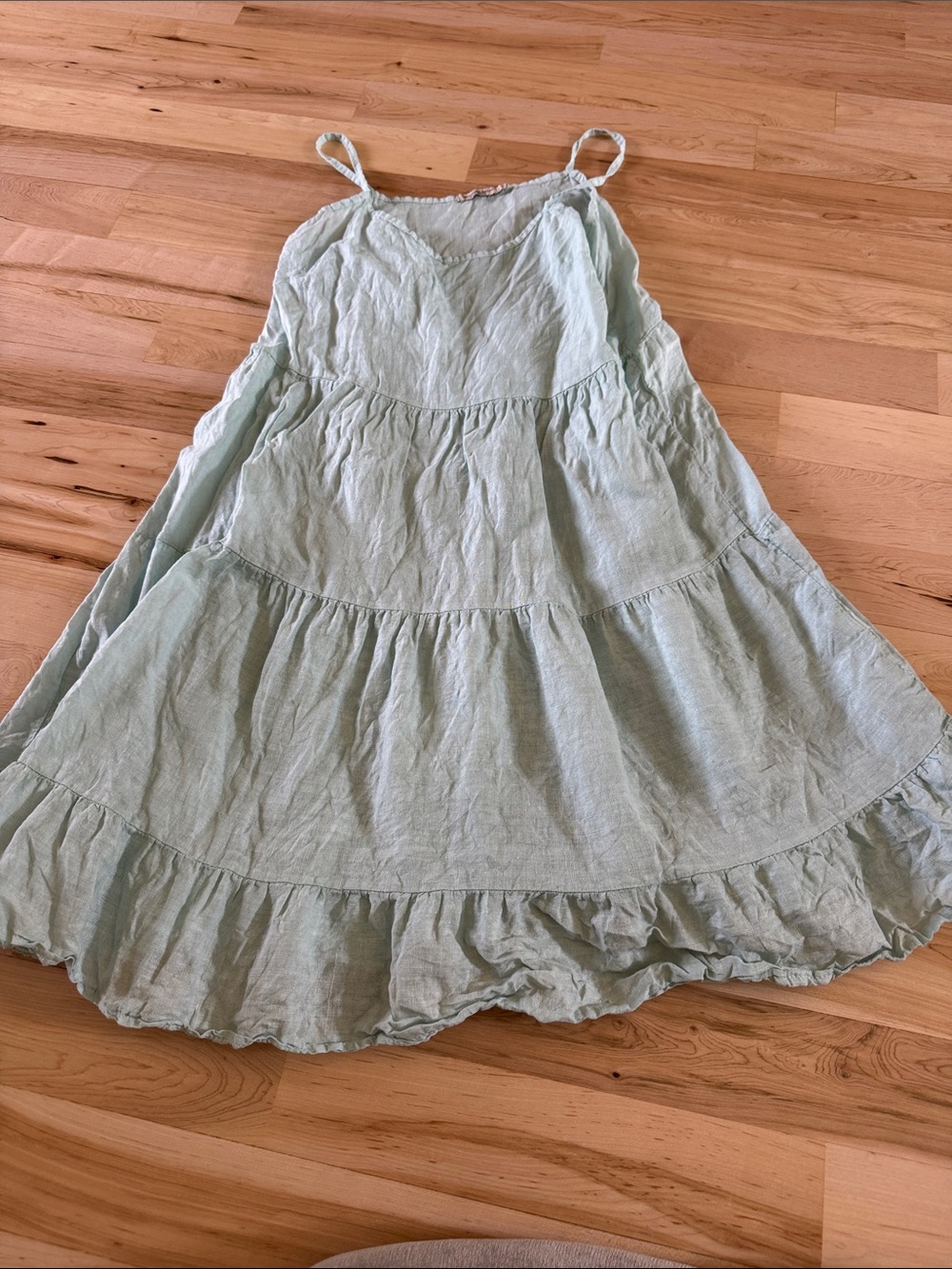 Light green/blue 100% Linen mini dress tiered, ruffled skirt-Valentina Naldi-S